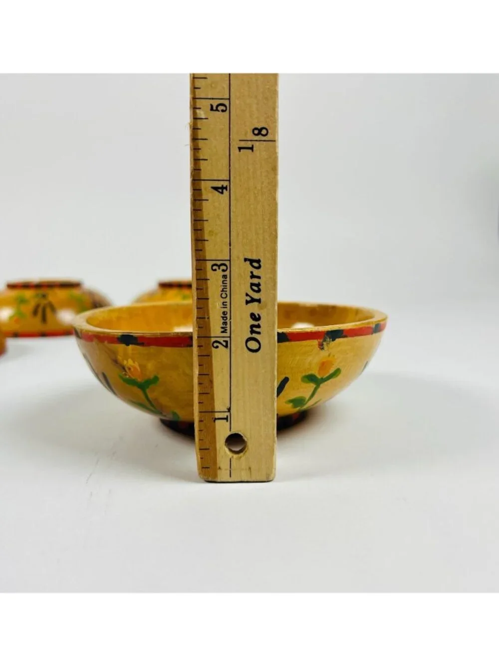 Vintage Occupied Japan Wooden Bowls 4 Floral Yellow & Green Rustic Decor